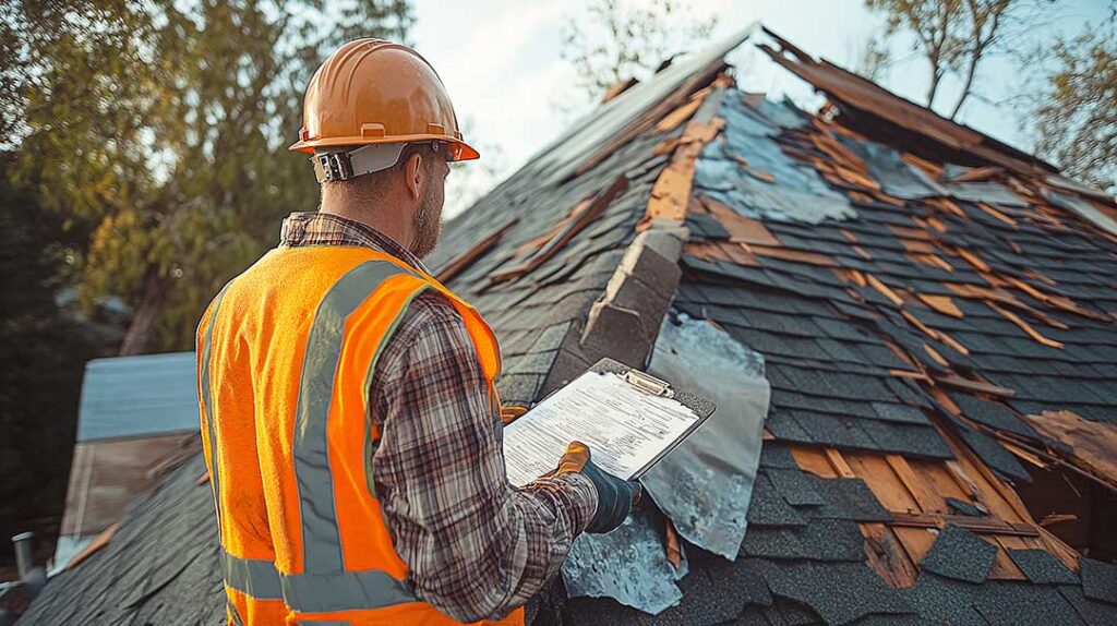 A person in gloves clearing leaves and debris from a home’s rain gutter with a small plastic scoop.