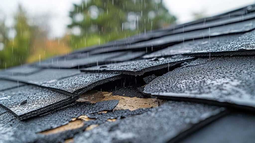 Homeowner examines dark hail impact marks and missing granules on asphalt shingles from a safe ladder position.