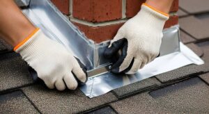 Damaged shingles and a ceiling water stain beneath a leaking roof after winter weather.